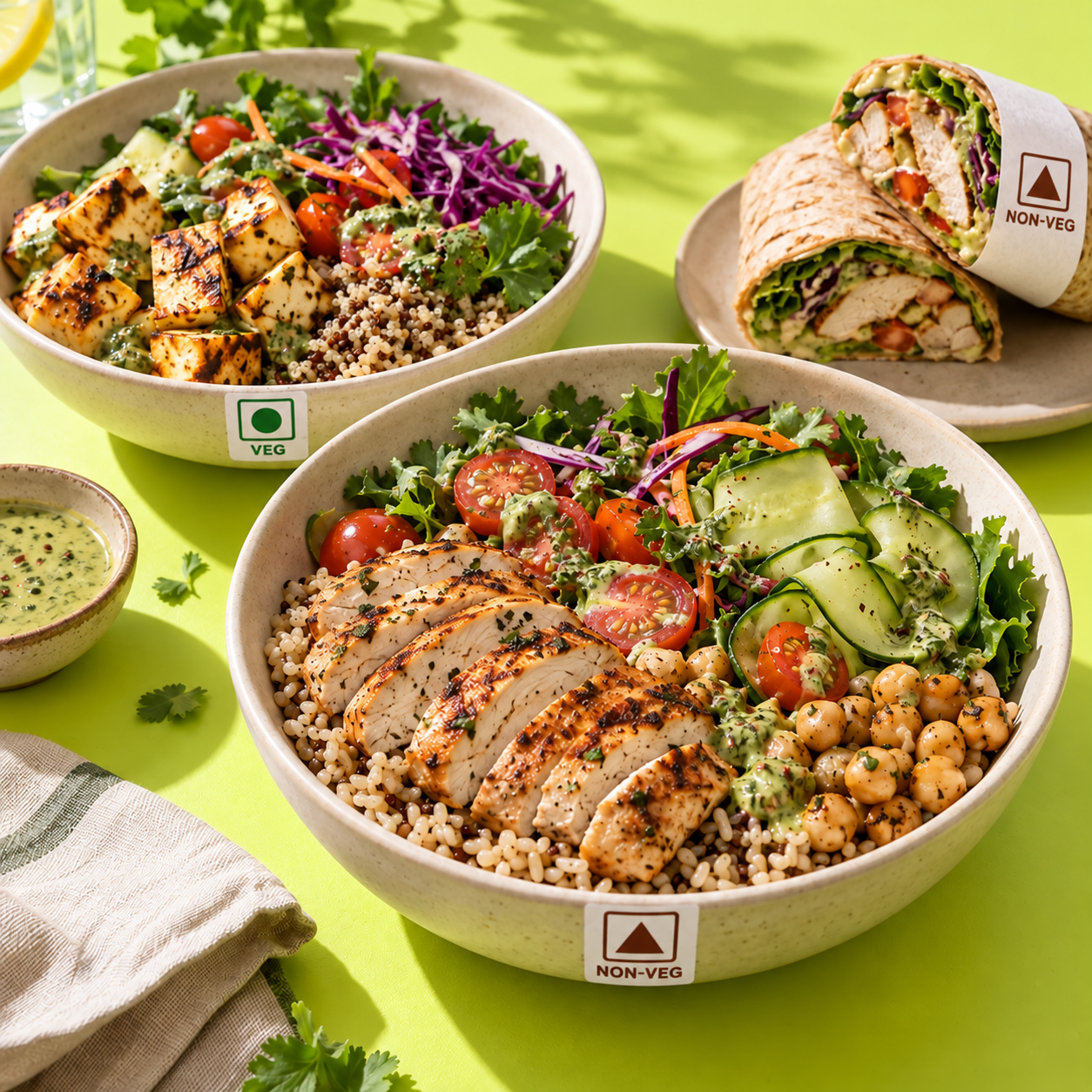 Chicken and paneer bowls with greens and a chicken wrap