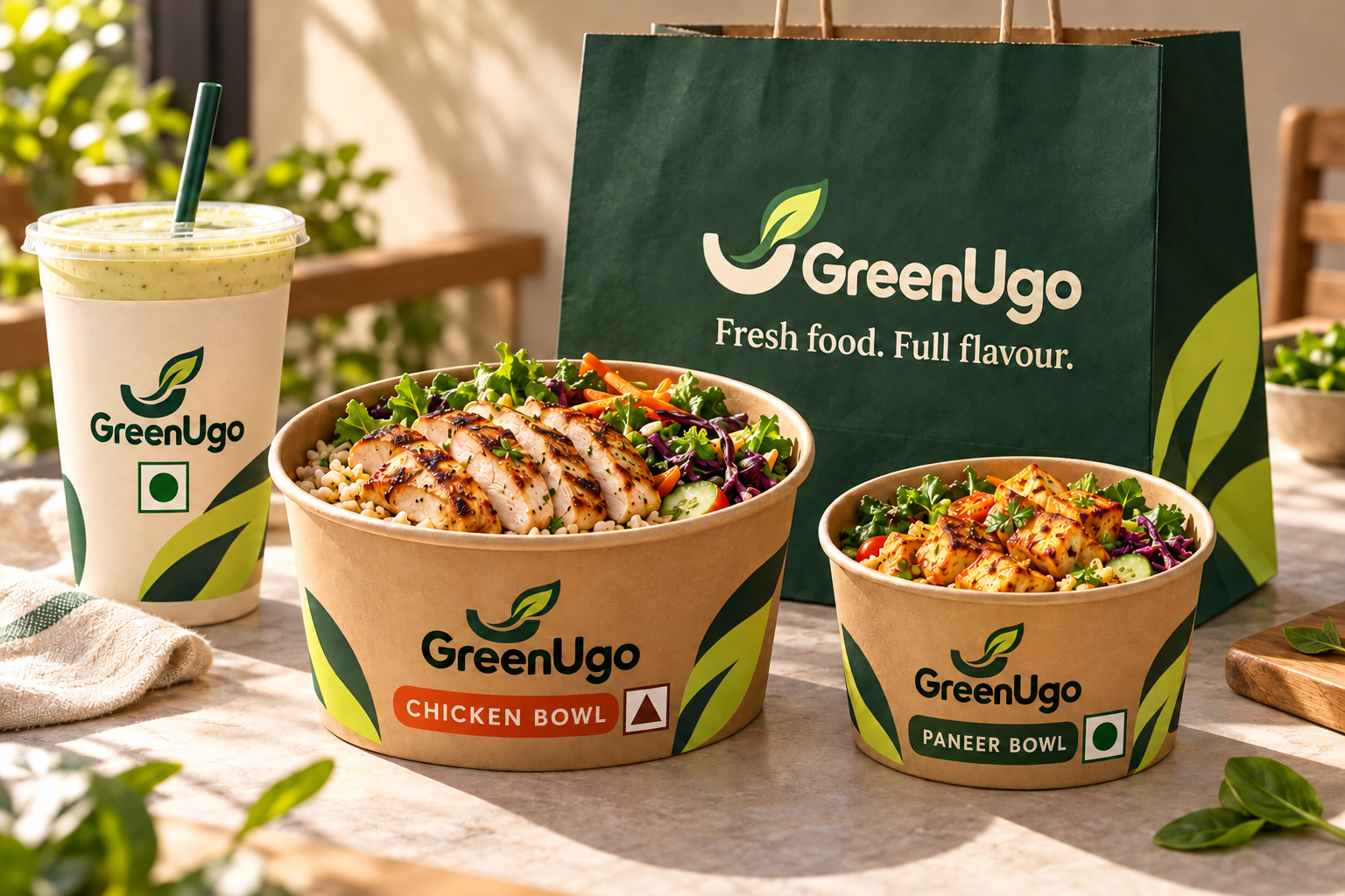 GreenUgo chicken and paneer bowl packaging with bag and smoothie cup